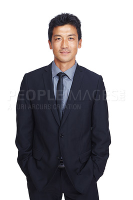 Buy stock photo Asian businessman, portrait or confidence on isolated white background with financial growth ideas, innovation or vision. Manager, CEO or corporate leadership on studio backdrop mockup in about us ID