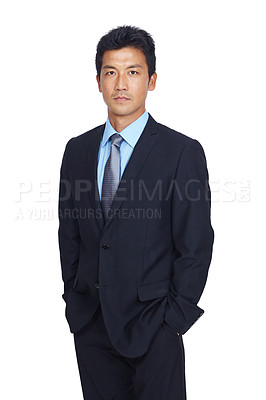 Buy stock photo Asian businessman, hands and pocket standing in confidence against a white studio background. Portrait of a isolated confident young business man with his hands in his pockets on white background