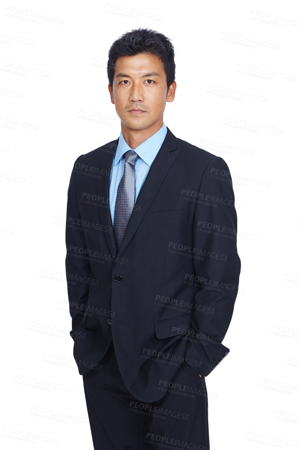 Buy stock photo Asian businessman, hands and pocket standing in confidence against a white studio background. Portrait of a isolated confident young business man with his hands in his pockets on white background