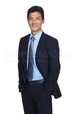Buy stock photo Happy asian, businessman or portrait on isolated white background for financial growth idea, innovation or vision. Smile, manager or corporate leadership on studio mockup, about us or profile picture
