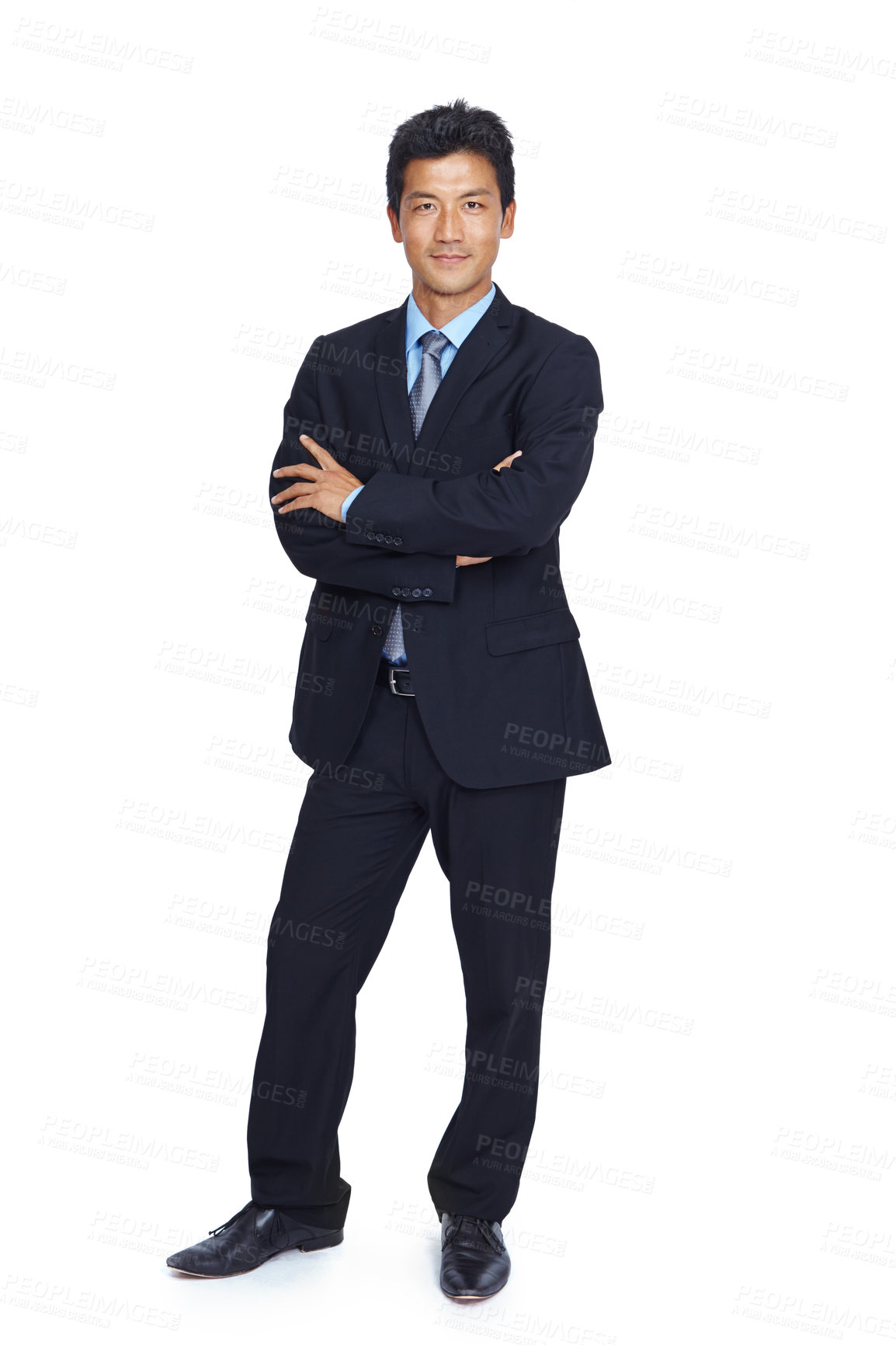 Buy stock photo Businessman, portrait and arms crossed on isolated white background in financial growth ideas and innovation goals. Manager, CEO and corporate asian leadership on studio backdrop mock up or about us 