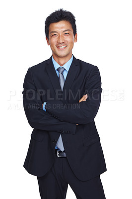 Buy stock photo Asian businessman, portrait or arms crossed on isolated white background in financial growth ideas or innovation goals. Smile, manager or corporate leadership on studio backdrop mock up or about us 