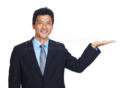 Buy stock photo Happy businessman, portrait or hand palm on isolated white background for finance investment mockup or insurance deal. Smile, worker and corporate asian showing marketing space or advertising mock up