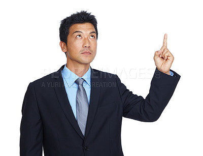 Buy stock photo Studio, pointing and Asian business man with gesture for professional mockup space, advertising or marketing. Promotion mock up, corporate branding and Japanese model isolated on white background