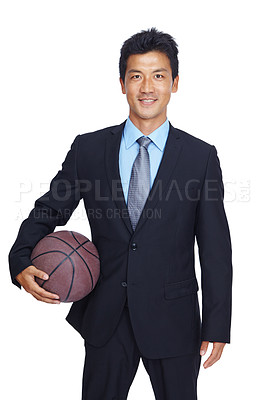 Buy stock photo Portrait, Asian business man or basketball coach for sport mindset, motivation or team management in white background studio. Happy, smile or sports manager isolated for game leadership or strategy