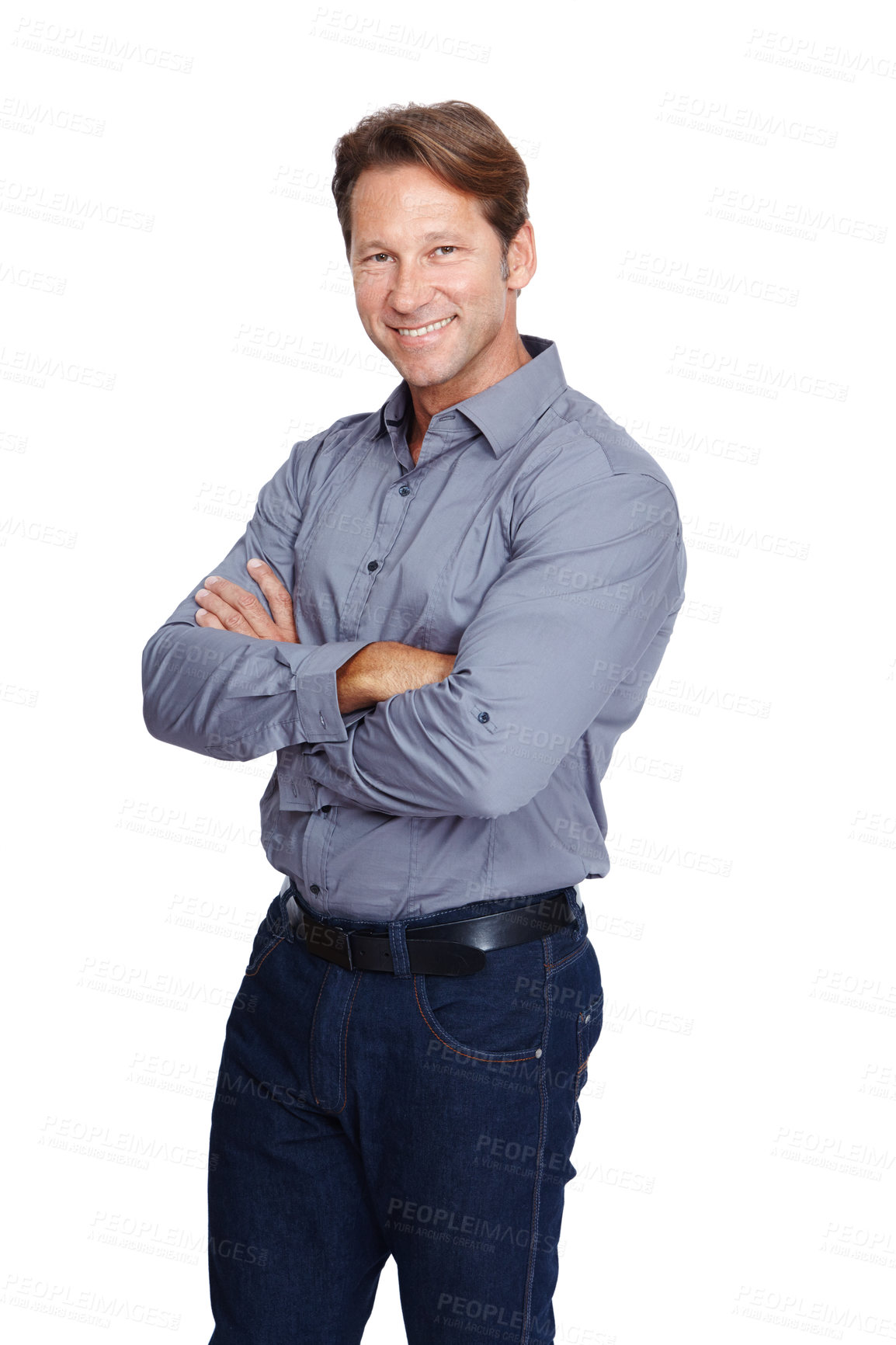 Buy stock photo Mature businessman, portrait or arms crossed on isolated white background with finance goals or investment ideas. Smile, happy or financial worker with success mindset, about us or mockup innovation