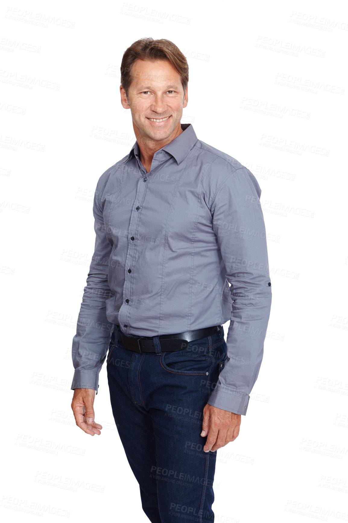 Buy stock photo Mature businessman, corporate or portrait on isolated white background with finance goals, investment ideas or mockup. Smile, happy or CEO manager with success mindset, about us or mock up innovation