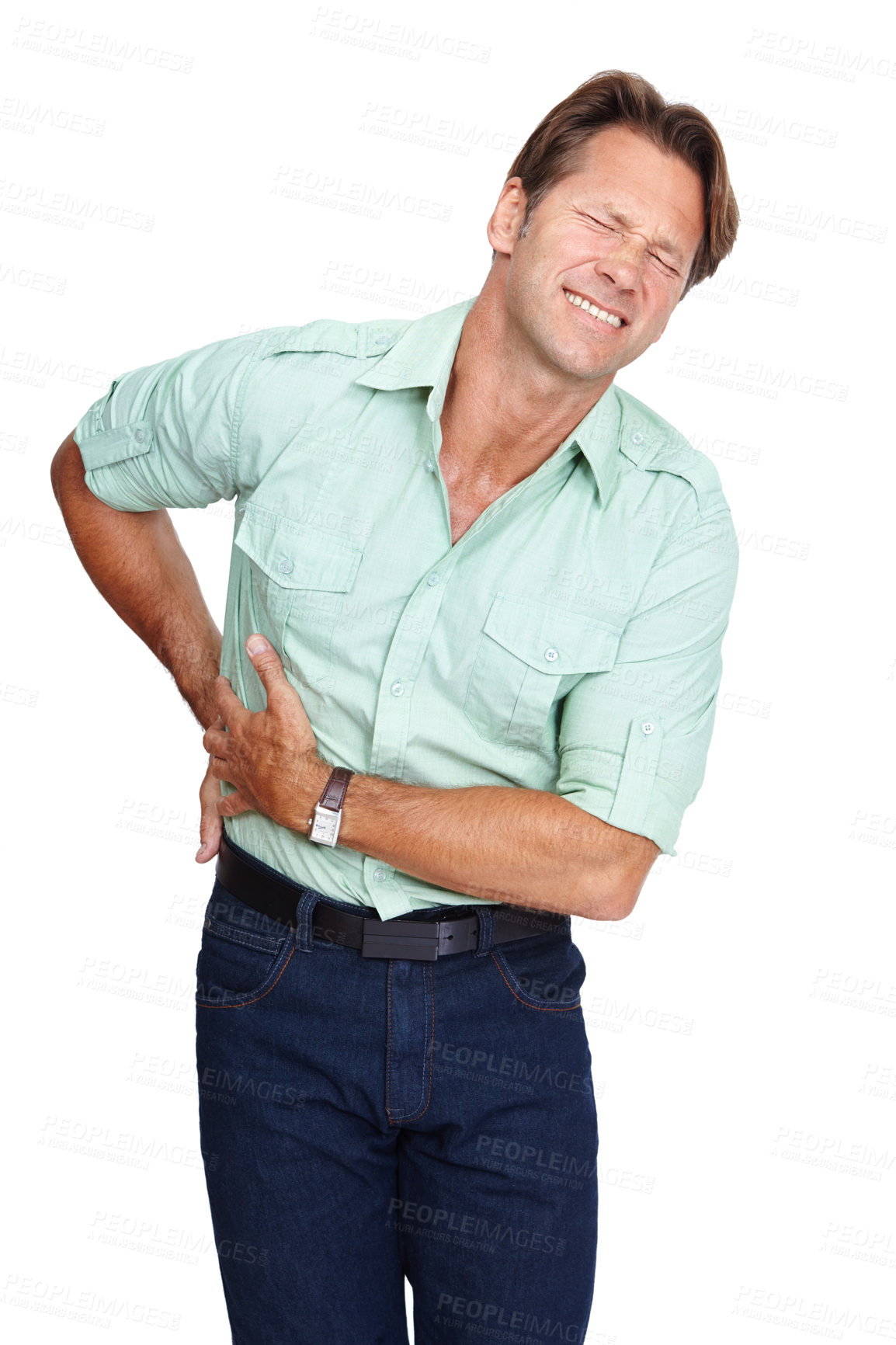 Buy stock photo Back pain injury, studio and business man with emergency crisis, employee work injury or hurt spine. Medical healthcare, muscle strain accident and corporate worker with backache on white background