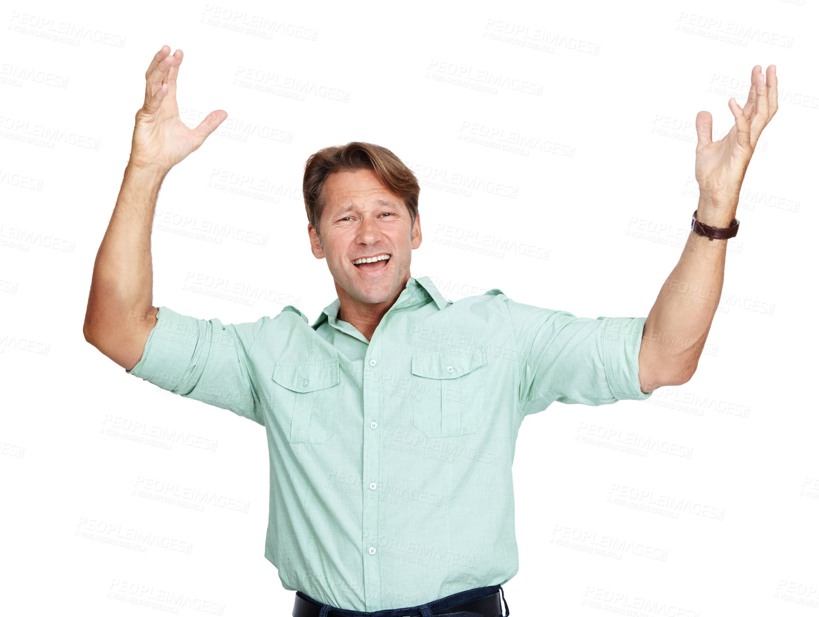 Buy stock photo Portrait, man and hands in air, excited and celebration for achievement with guy isolated on white studio background. Male person, entrepreneur and confident gentleman cheering, happiness and winning