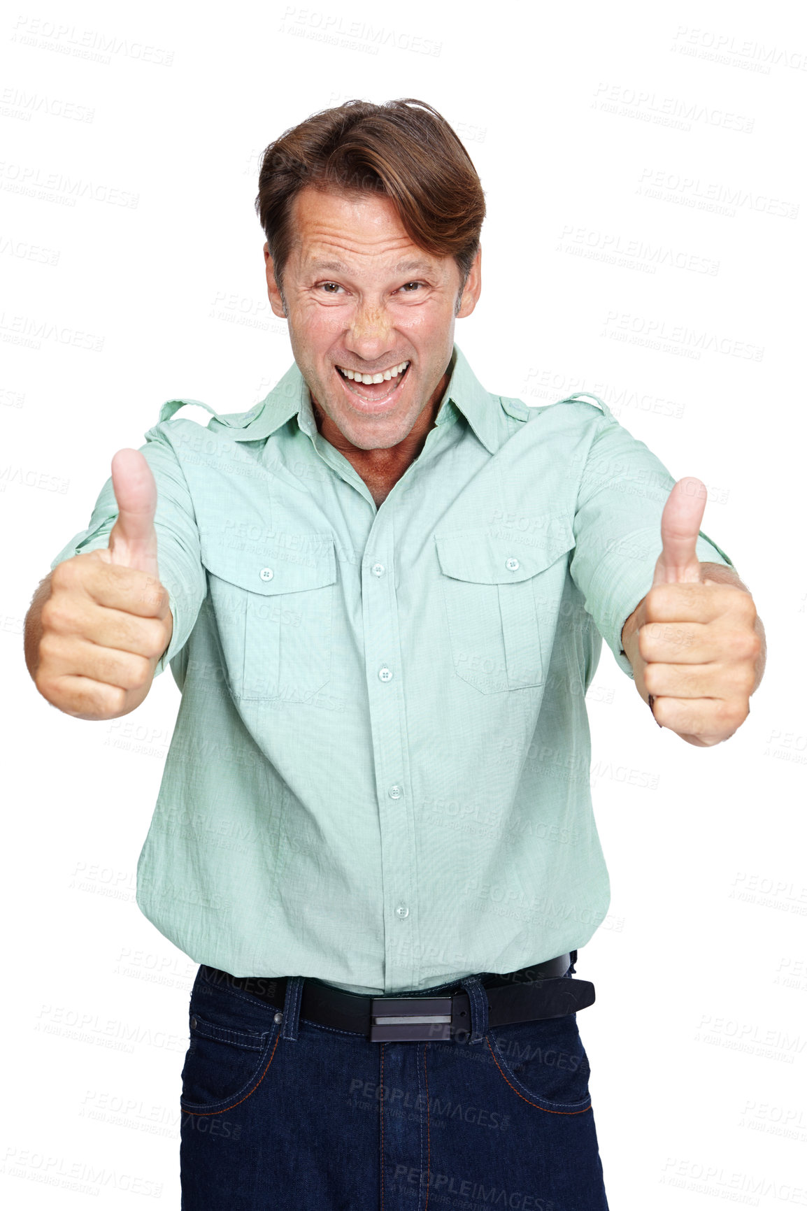 Buy stock photo Man, thumbs up and smile in studio portrait with casual fashion, excited and yes by white background. Happy middle aged man, agreement and hand sign with success, isolated and happiness with shirt