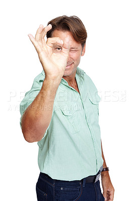 Buy stock photo Mature businessman, portrait or okay hand on isolated white background for precision, growth target or motivation goals. Smile, happy worker and ok gesture, yes or winner fingers for bullseye mock up