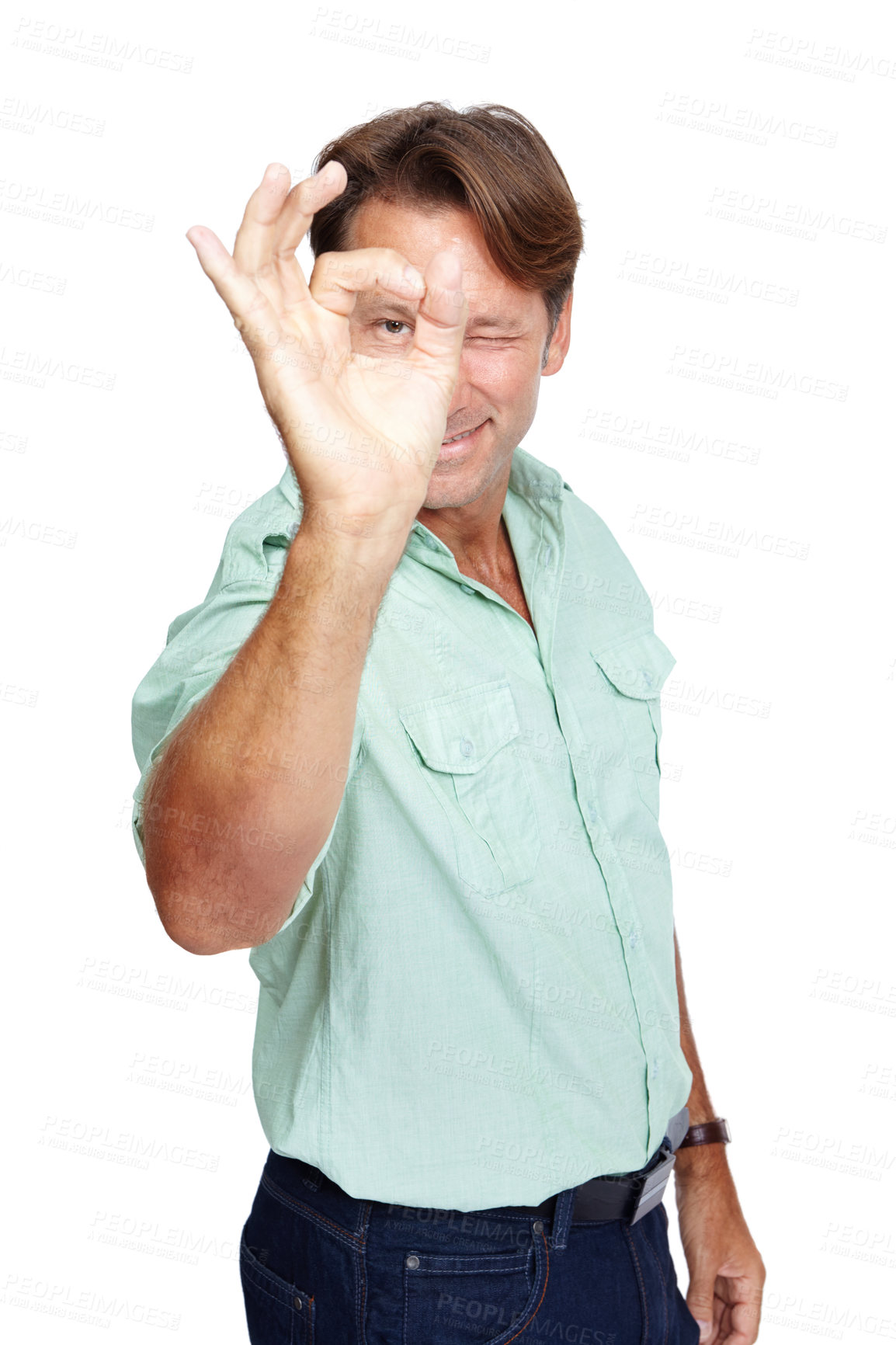 Buy stock photo Mature businessman, portrait or okay hand on isolated white background for precision, growth target or motivation goals. Smile, happy worker and ok gesture, yes or winner fingers for bullseye mock up