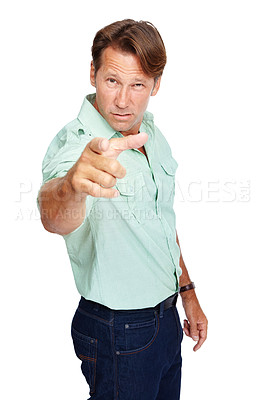 Buy stock photo Portrait, angry and man pointing, upset and mature guy isolated on white studio background. Male, gentleman and gesture for argument, anger and screaming for fight,  issues and problems on backdrop