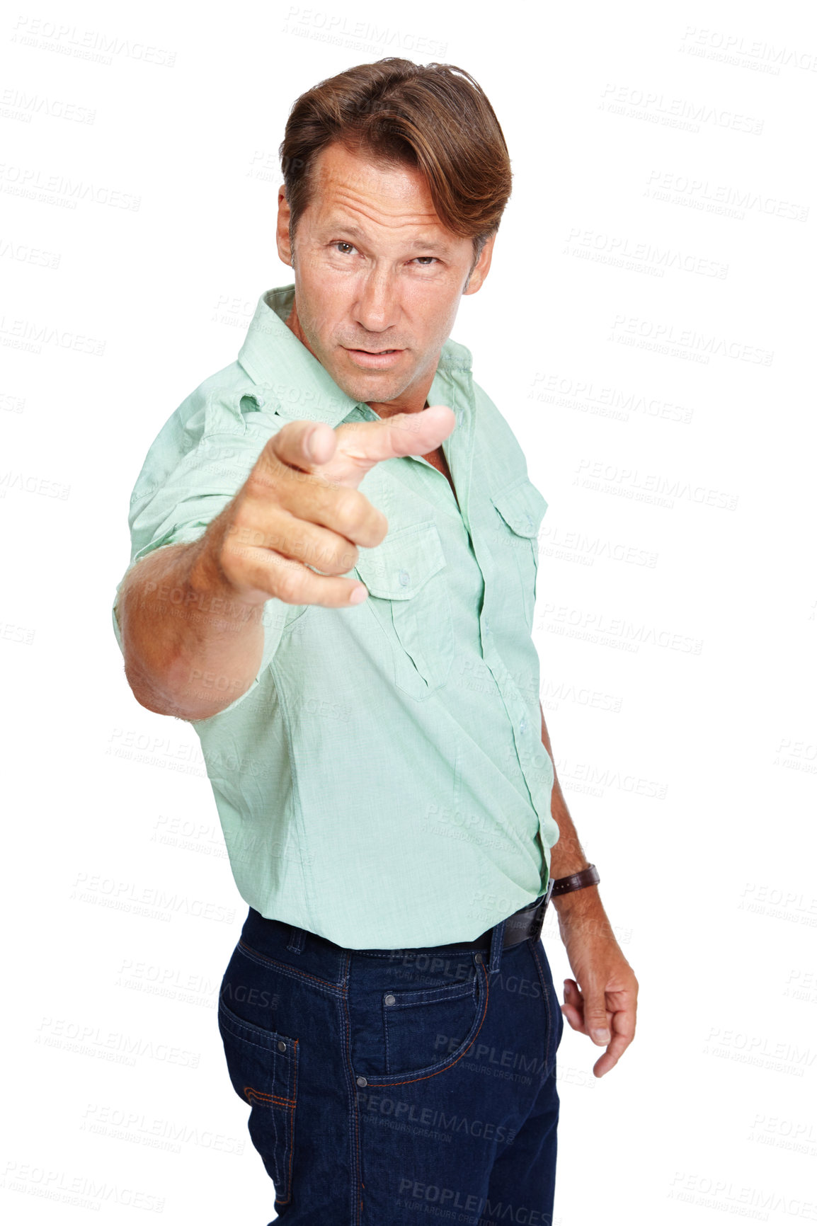 Buy stock photo Portrait, angry and man pointing, upset and mature guy isolated on white studio background. Male, gentleman and gesture for argument, anger and screaming for fight,  issues and problems on backdrop