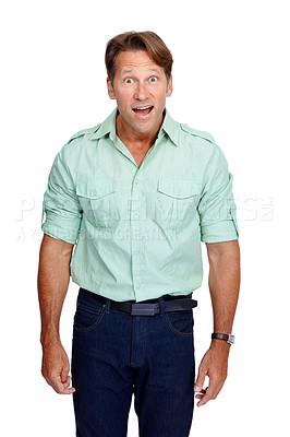 Buy stock photo Shock, surprise and portrait of a man in a studio with a omg, wow and wtf facial expression. Shocked, surprised and happy male model in a casual outfit with good news isolated by a white background.