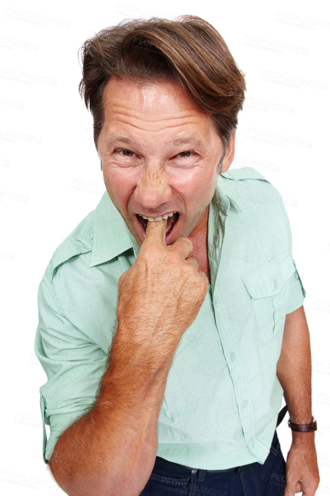 Buy stock photo Portrait, gross and nausea with a man model in studio isolated on a white background feeling ill or sick. Face, finger and mouth with a male standing on blank space in disgust or expressing turn off