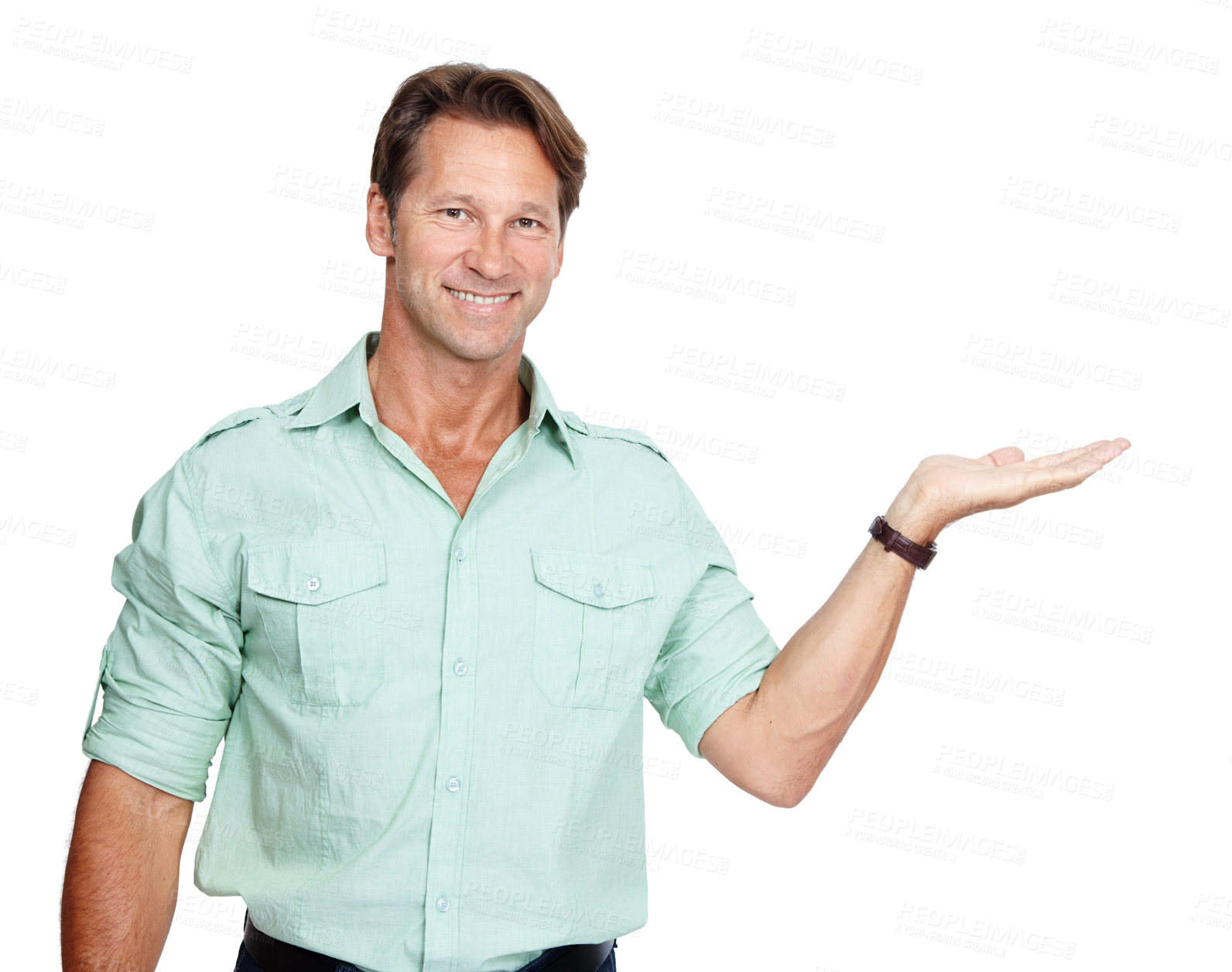 Buy stock photo Business, portrait of man with hand out with smile, product placement and mockup isolated on white background. Marketing, advertising and product announcement or presentation, businessman in studio.