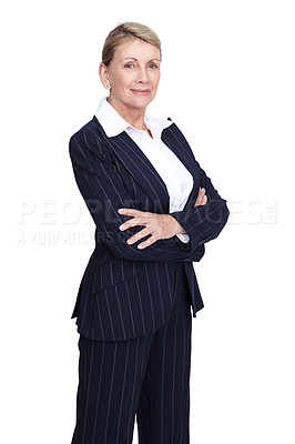 Buy stock photo Senior, business woman and portrait of a executive employee proud about work. White background, isolated and vertical mature person with arms crossed in a professional suit with success in studio