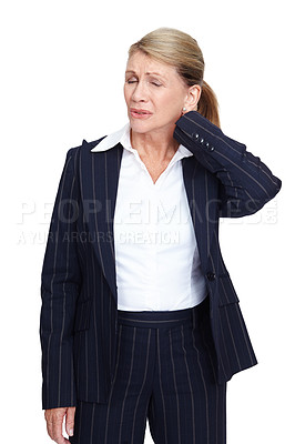 Buy stock photo Mature woman executive, neck pain and studio with muscle injury, sprain and burnout by white background. Isolated senior model, injured and corporate suit with physical therapy for anatomy emergency