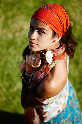 Buy stock photo Outdoor, bohemian and woman in nature, portrait and clothes with aesthetic of fashion and above. Peace, female person and girl with flower in field, summer and fabric of outfit for artist for hippie