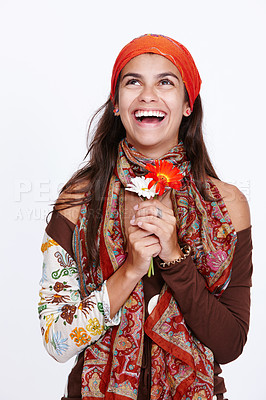 Buy stock photo Gypsy, fashion and woman with clothes for creativity and bohemian style for trend on white background. Lady, model and flower for excited with scarf for pattern and colour with headband for aesthetic