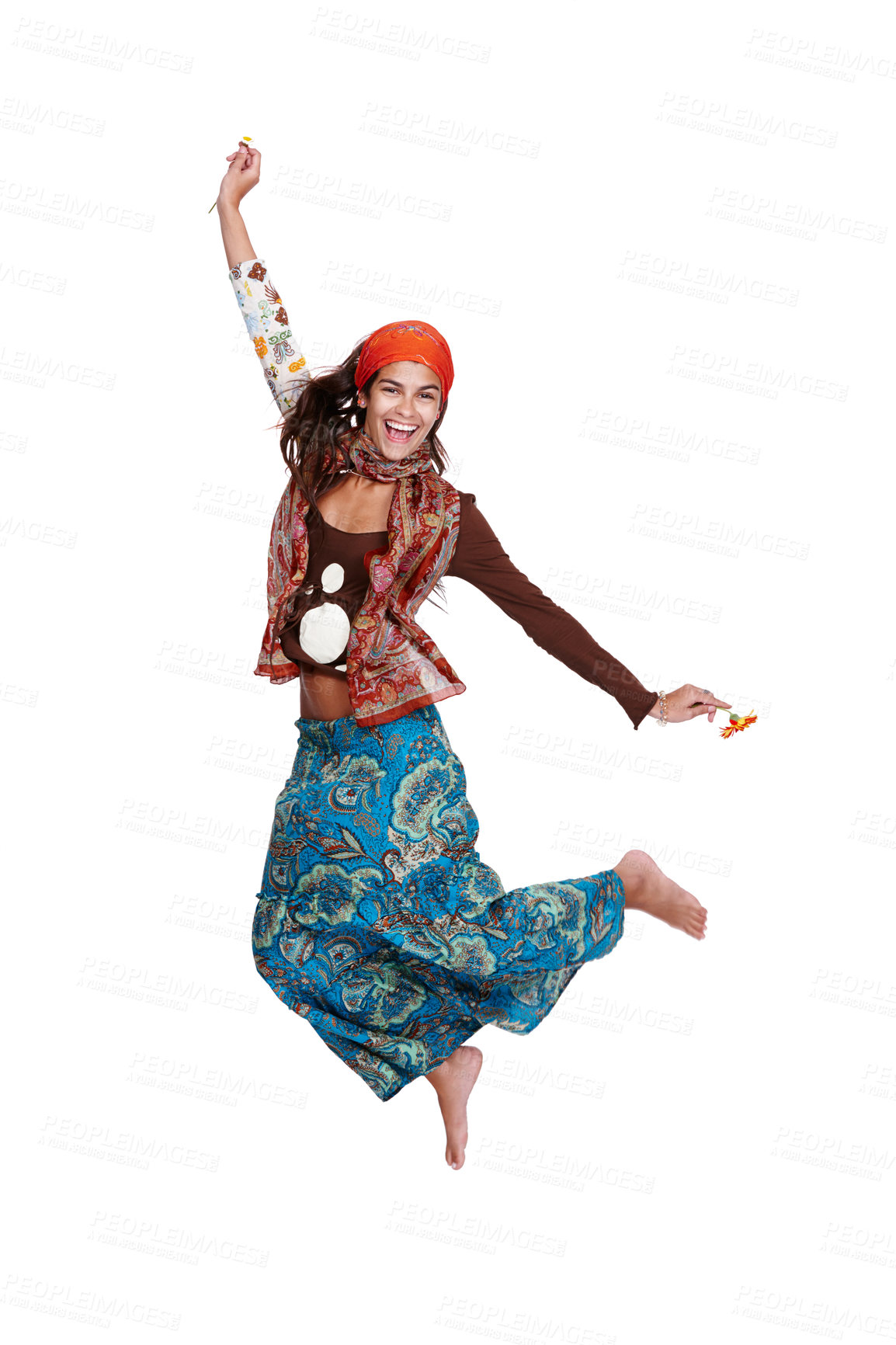 Buy stock photo Woman, fashion and portrait in studio with dress for gypsy, creativity and bohemian style for trend. Lady, model and jump for excited with skirt for aesthetic and clothes with pattern and colour