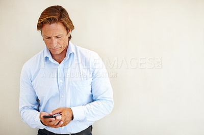 Buy stock photo Businessman, technology and smartphone for contact, communication and email with mockup space isolated on white background. Male person, employee and worker in corporate career with mobile phone