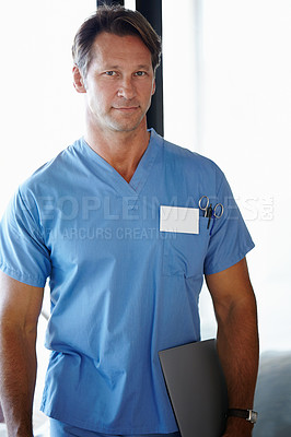 Buy stock photo Man, portrait and nurse with documents for hospital healthcare or medical scrubs, diagnosis or paperwork. Male person, planning and research folder or professional career, workplace or administration
