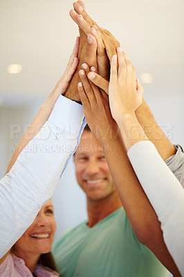 Buy stock photo Closeup, business people and smile with high five in meeting for team building, partnership and support. Diversity, employees and hands with celebration for motivation, success and collaboration
