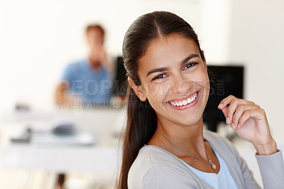 Buy stock photo Business woman, office and portrait with smile for opportunity, internship and new start at company. Person, employee and happy with confidence for career development, growth and progress at agency