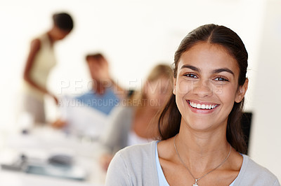 Buy stock photo Happy, face and smile for businesswoman, office and meeting in workplace with colleagues. Portrait, teamwork and female intern person for design company, employee and trainee for business training 