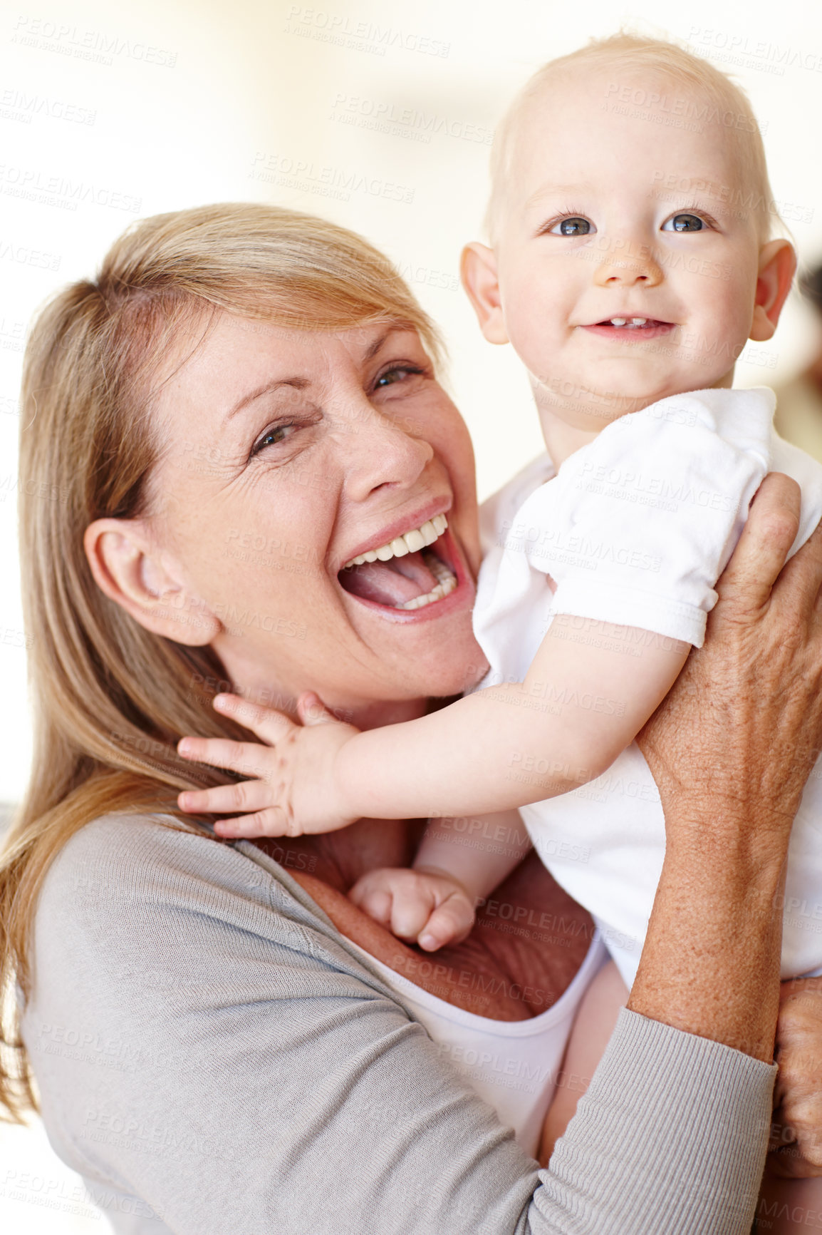 Buy stock photo Family, child and grandma in portrait with smile at home for visit, holiday or weekend in Australia. Happiness, grandparent and baby or little boy for bonding together and affection in house