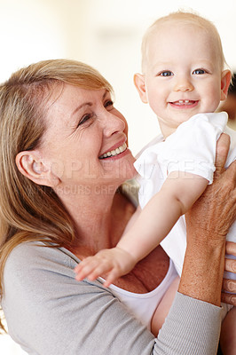 Buy stock photo Family, grandma and baby in portrait with smile at home for visit, holiday or weekend in Australia. Happiness, grandparent and child or little boy for bonding, affection and childcare in house