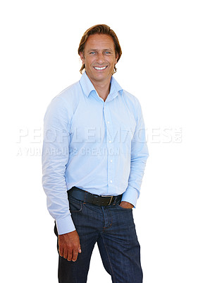 Buy stock photo Confident, businessman and standing in portrait studio with hand in pocket for management at start up company. Happy, person and professional executive with relaxed style in isolated white background