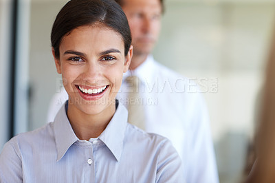 Buy stock photo Woman, smiling and professional in portrait for corporate employment, office job or career opportunity. Girl, happy or cheerful for assistant work, occupational growth or media publishing sales