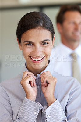 Buy stock photo Woman, shirt and getting ready at work for business with coworker, fashion or clothes or style. Female person, dressing and employee or hands or smile and preparing, colleague or partner or meeting