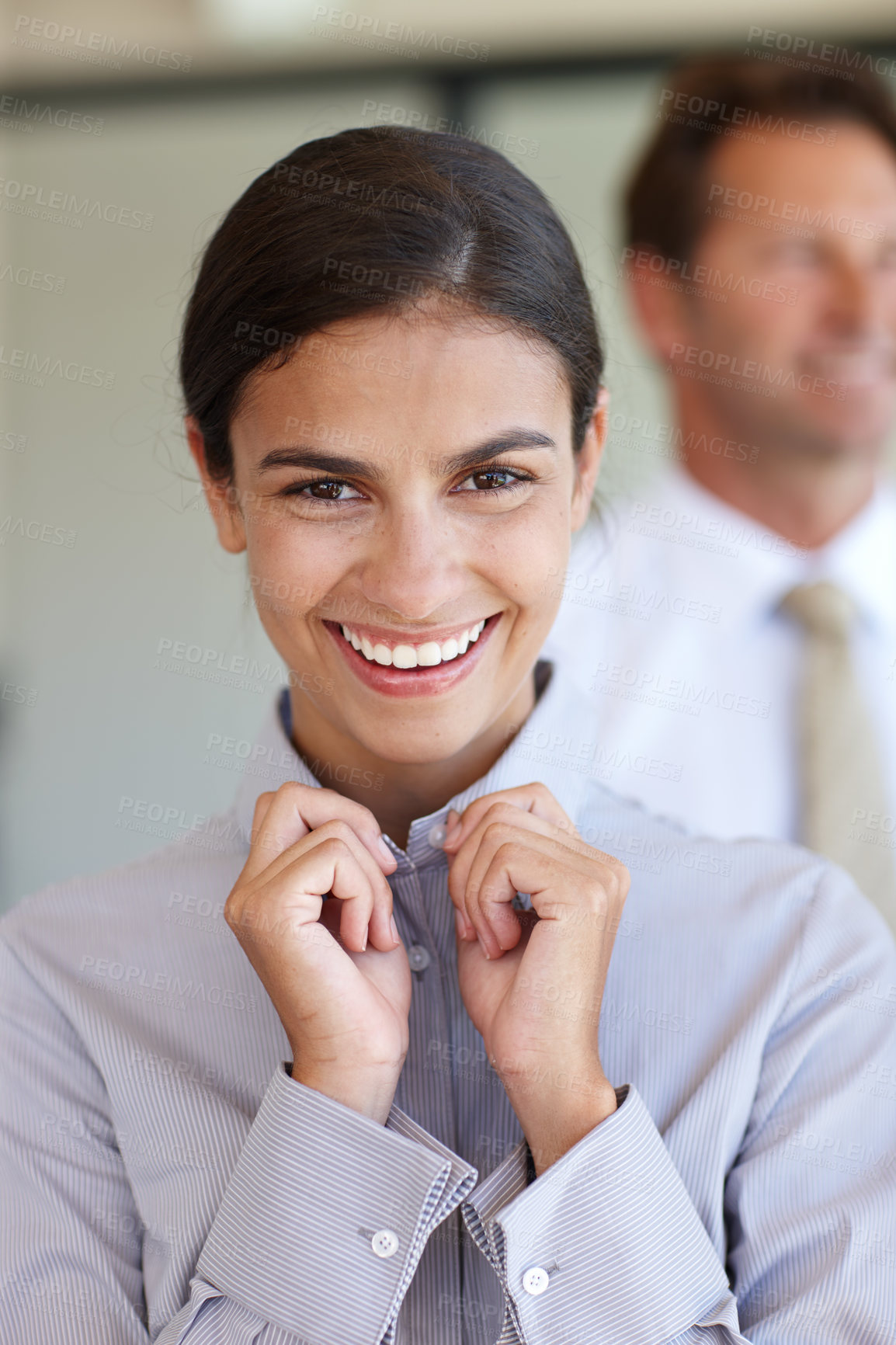 Buy stock photo Woman, shirt and getting ready at work for business with coworker, fashion or clothes or style. Female person, dressing and employee or hands or smile and preparing, colleague or partner or meeting