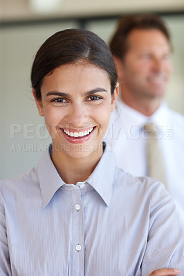 Buy stock photo Female person, entrepreneur and smile in portrait for startup or business, happy or recruitment for career. Woman, human resources or cheerful with colleague or coworker for job, hiring or employment