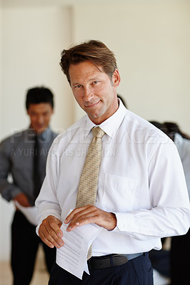 Buy stock photo Corporate, paper and portrait of businessman with smile for meeting, planning and company review. Employee, confident and documents in office for brainstorming, feedback or teamwork in conference