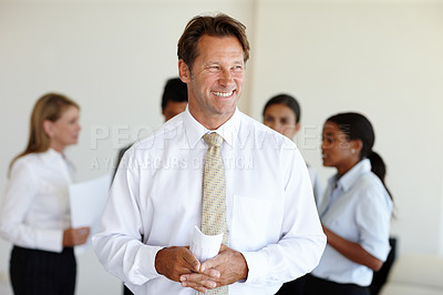 Buy stock photo Corporate, smile and businessman with paper for planning, meeting and company review in office. Employee, documents and happy in office for project feedback, seminar and teamwork with future vision