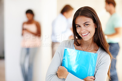 Buy stock photo Woman student, portrait and books at campus for learning or education in media and journalism for future career. Female person or gen z, university and academy for knowledge, studying and degree.