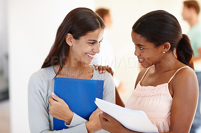 Buy stock photo University, students and discussion with conversation for education, assignment or research project with smile. Diversity, women or friends with study materials for group work or test in college