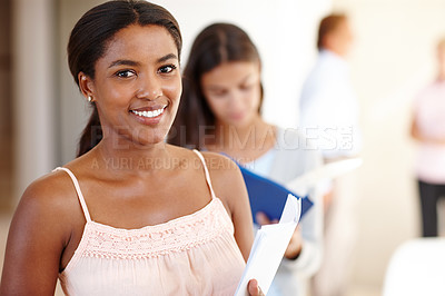 Buy stock photo Portrait, business and happy black woman with documents in office, workplace and startup. African professional, face and smile of entrepreneur with paperwork, employee or creative designer coworking