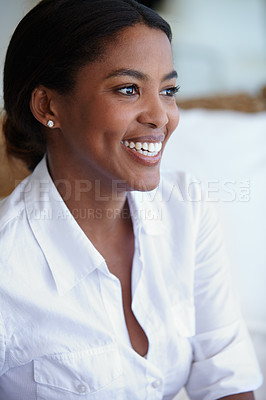 Buy stock photo Black woman, professional and happy in smart casual fashion for workplace, office or career. Businessperson, smiling and confident in stylish shirt for work, job or employment in corporate company