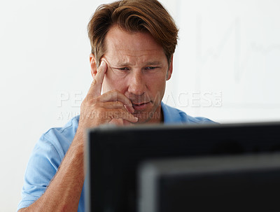 Buy stock photo Business man, computer and thinking of ideas, solution and planning or problem solving in office. Accountant, worker or serious mature person on desktop with inspiration, thoughtful or online stocks