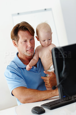 Buy stock photo Father, child and multitasking at computer in house for trade, online career and business proposal for job. Professional male person, desktop and baby playing with parent in home working from home.