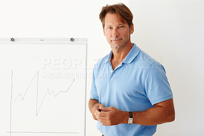 Buy stock photo Man, portrait and whiteboard with graph in office for business growth, marketing and strategy. Mature male person, analysis and chart in workplace for profit evaluation, review and employee coaching
