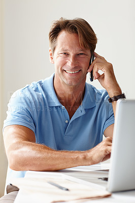Buy stock photo Portrait, mature man and laptop in home for phone call with online, remote work and smile. Male person, communication and technology in house with happy, internet and connectivity for business