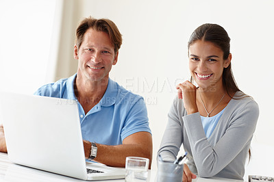 Buy stock photo Training, laptop and portrait of business people in office for advice, online draft or idea for creative project. Smile, computer and colleagues for teamwork, strategy or planning at design agency