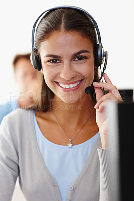 Buy stock photo Portrait, call center and happy woman with microphone for customer service, support or business in startup office. Face, smile and professional receptionist with headphones, entrepreneur and employee